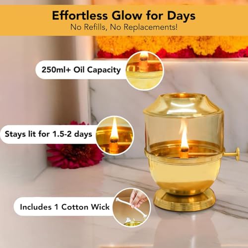 Ekhasa 100% Pure Brass Akhand Jyot Diya with Adjustable Bati Knob, Wick Lifting Screw Lever, Glass Cover (Large Size, 250 ml Oil Capacity, Stay Lit for 48 Hours, Wick Included, Authentic Borosilicate) - Image 5