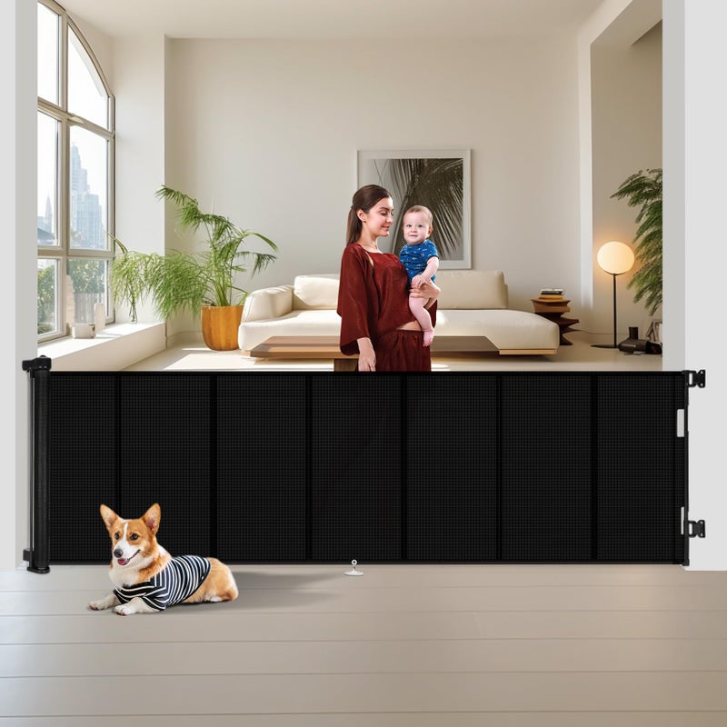 Upgraded 150 inch Retractable Baby Gates Extra Wide with Reinforced Strip Design to Prevent Crawling Through 34 Tall 12 FT Wide Retractable Dog Gate Retractable Gate for IndoorOutdoor