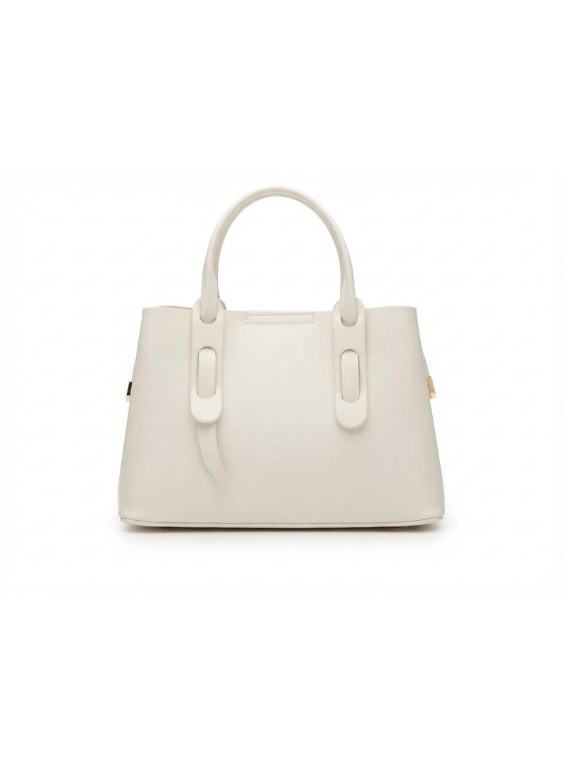 Women's Structured Faux Leather Handbag, Cream White with Gold-Tone Ring Accents - Image 3