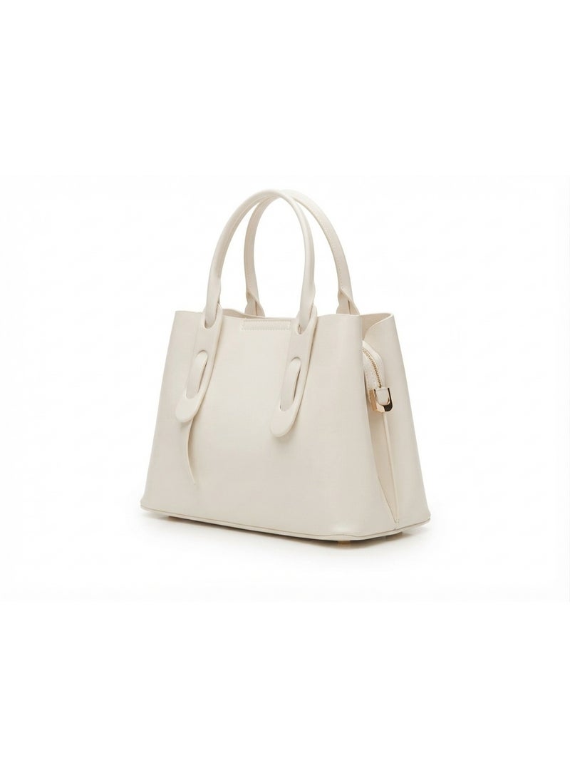 Women's Structured Faux Leather Handbag, Cream White with Gold-Tone Ring Accents - Image 1