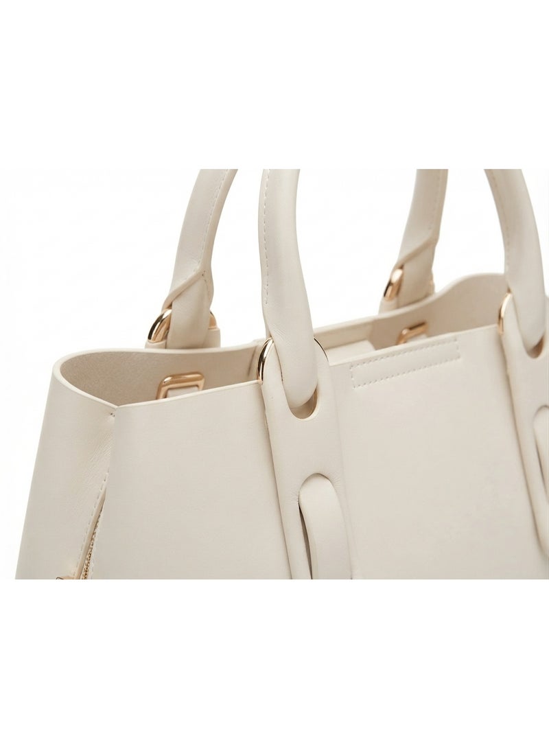 Women's Structured Faux Leather Handbag, Cream White with Gold-Tone Ring Accents - Image 2