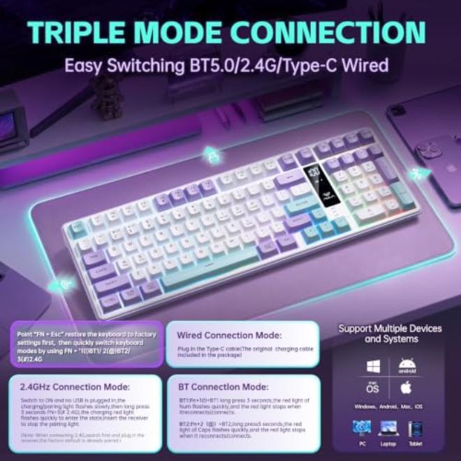 Wireless Mechanical Gaming Keyboard with Silent Switches and RGB Backlight → Typing, Gaming, Streaming, Coding → Office Home Dorm Use → 104 Keys 2.4GHz USB Dongle - Image 2