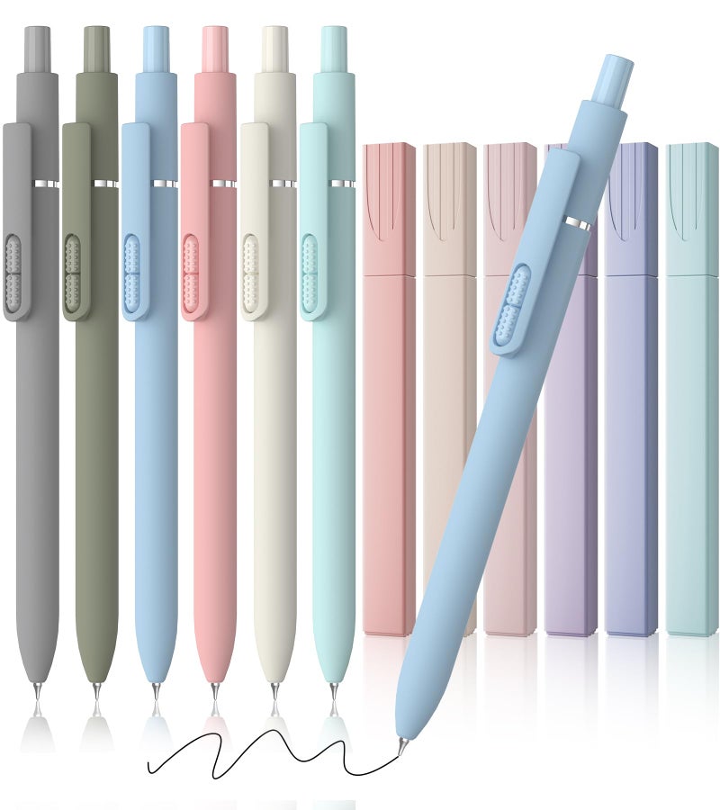 JIMMIDDA- 12 Pack Gel Pens, 0.7mm Black Ink Fine Point Smooth Writing with Aesthetic Highlighters, Quick-dry Long-lasting Pens Set for Journaling School Office Supplies(6 Pens + 6 Highlighters) - Image 1