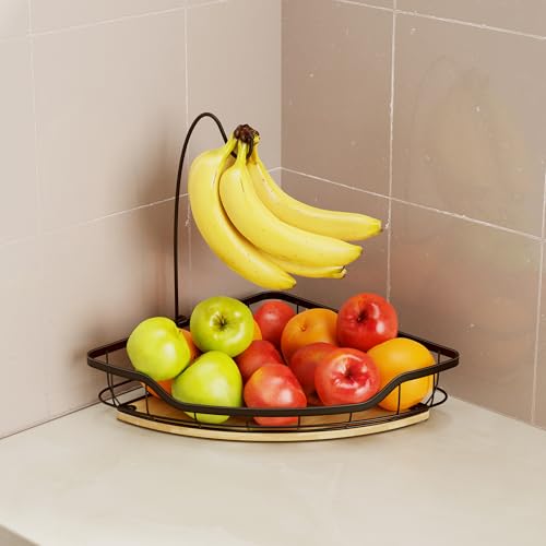 CACHOLIV Fruit Holder for Kitchen Countertop with Banana Hanger Vegetable Basket with Bamboo Base for Kitchen Corner Storage Black - Image 3