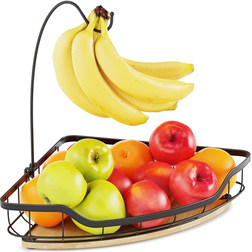 CACHOLIV Fruit Holder for Kitchen Countertop with Banana Hanger Vegetable Basket with Bamboo Base for Kitchen Corner Storage Black - Image 1