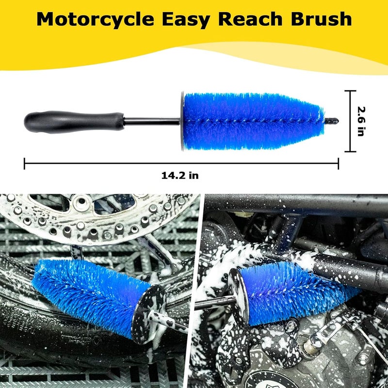 focopot Motorcycle Cleaning Kit 6 Pack with Easy Reach Brush,Tire Brush,Wool Wash Mitt,Chain Brush,Detailing Brush and Microfiber Towel for Cleaning Motorcycle Mudguard,Rims,Exhaust,Frame - Image 2