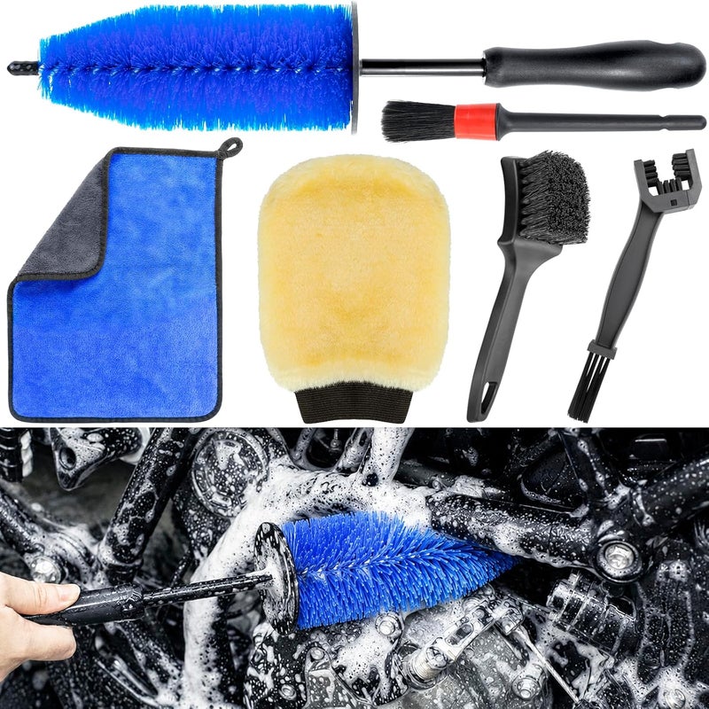 focopot Motorcycle Cleaning Kit 6 Pack with Easy Reach Brush,Tire Brush,Wool Wash Mitt,Chain Brush,Detailing Brush and Microfiber Towel for Cleaning Motorcycle Mudguard,Rims,Exhaust,Frame - Image 1