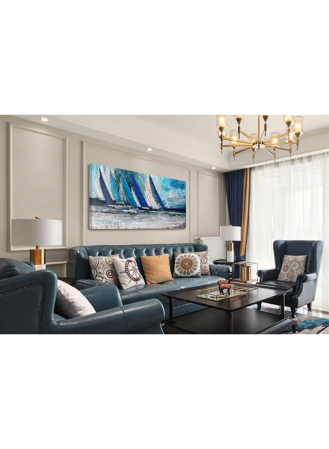 Arjun Blue Abstract Wall Art Canvas for Living Room Teal Ocean Sailboat Textured Bedroom Picture Modern Turquoise Coastal Nautical Painting Large Framed Artwork Home Office Wall Decor, 40"x20" - Image 4