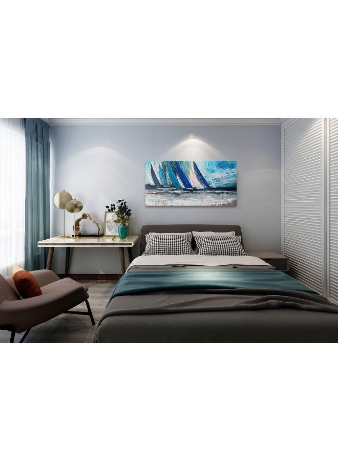 Arjun Blue Abstract Wall Art Canvas for Living Room Teal Ocean Sailboat Textured Bedroom Picture Modern Turquoise Coastal Nautical Painting Large Framed Artwork Home Office Wall Decor, 40"x20" - Image 3