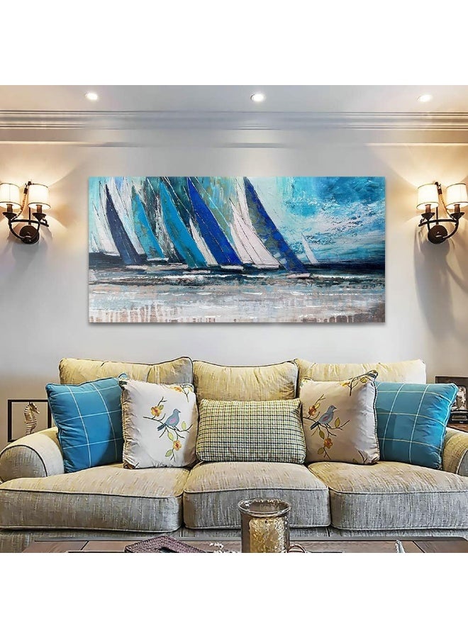 Arjun Blue Abstract Wall Art Canvas for Living Room Teal Ocean Sailboat Textured Bedroom Picture Modern Turquoise Coastal Nautical Painting Large Framed Artwork Home Office Wall Decor, 40"x20" - Image 2