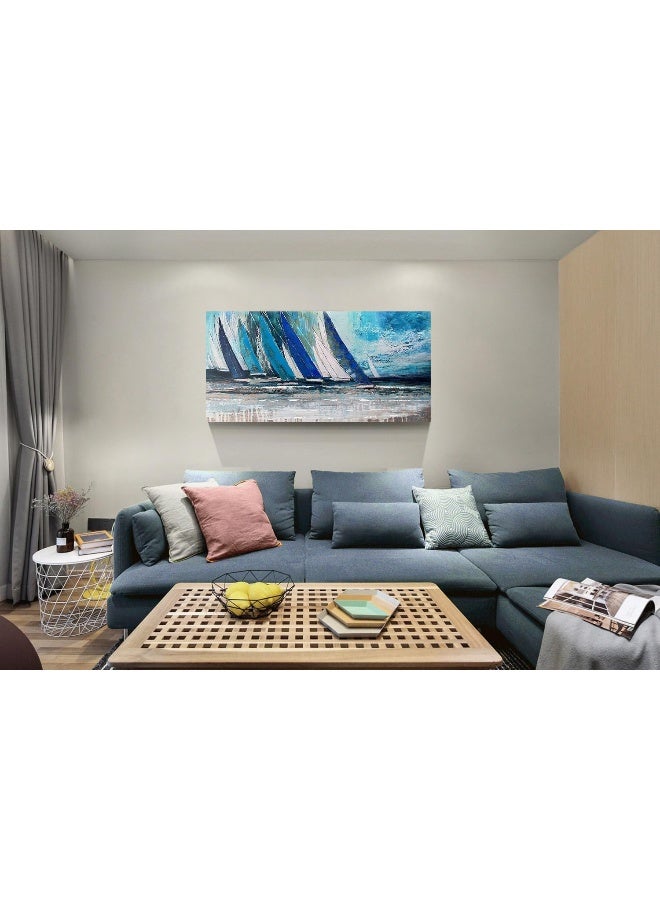 Arjun Blue Abstract Wall Art Canvas for Living Room Teal Ocean Sailboat Textured Bedroom Picture Modern Turquoise Coastal Nautical Painting Large Framed Artwork Home Office Wall Decor, 40"x20" - Image 5