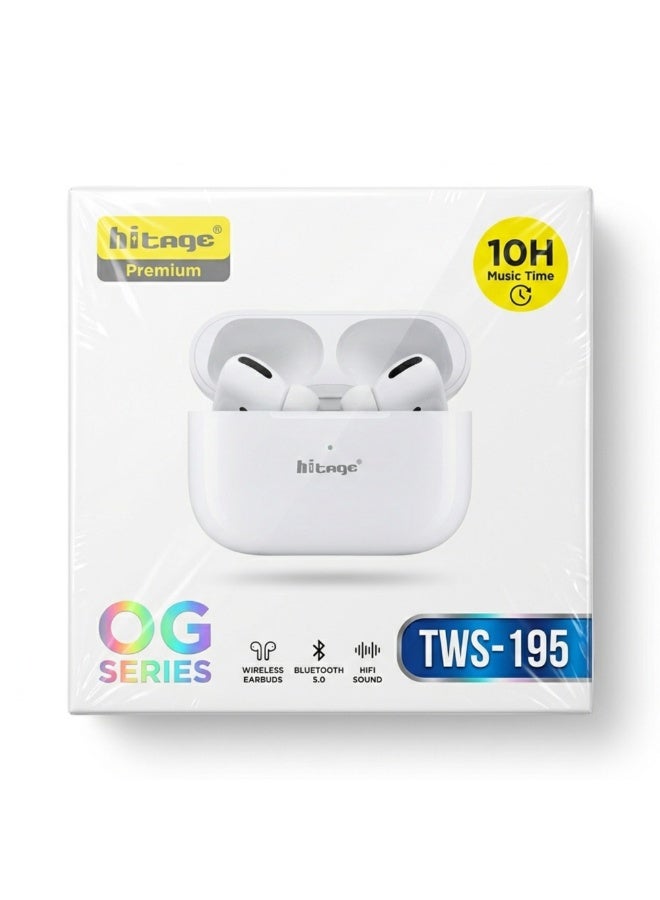 هيتيج سماعات أذن لاسلكية Hitage TWS-195 بتقنية Bluetooth 5.0 مع علبة شحن، وصوت ستيريو عالي الدقة، وتحكم باللمس، وميكروفون مدمج، ووقت تشغيل موسيقى يصل إلى 10 ساعات - متوافقة مع أجهزة Android وiPhone - لون أبيض - Image 2