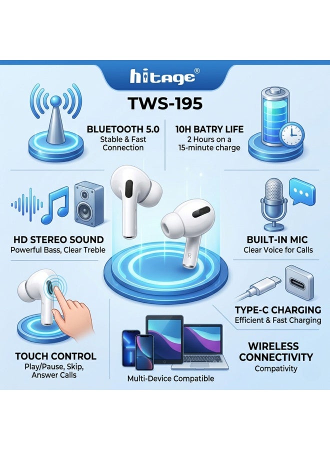 هيتيج سماعات أذن لاسلكية Hitage TWS-195 بتقنية Bluetooth 5.0 مع علبة شحن، وصوت ستيريو عالي الدقة، وتحكم باللمس، وميكروفون مدمج، ووقت تشغيل موسيقى يصل إلى 10 ساعات - متوافقة مع أجهزة Android وiPhone - لون أبيض - Image 4