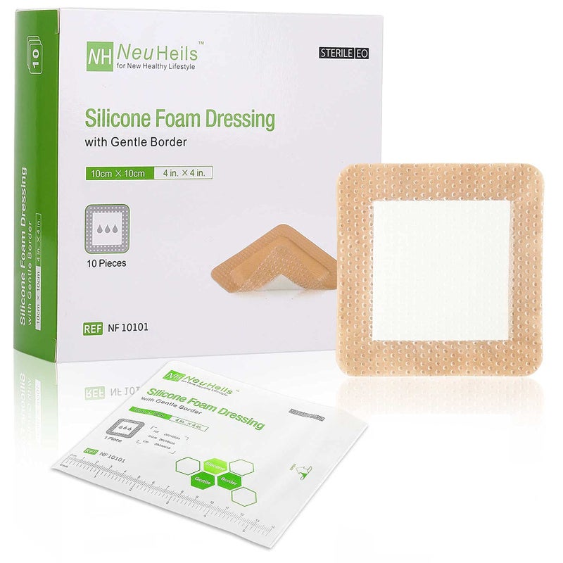 NeuHeils Silicone Adhesive Foam Dressing with Gentle Border 4''x4'' for Bed Sore Leg Ulcer 10 Pack, High Absorbency Waterproof Silicone Wound Bandage - Image 1