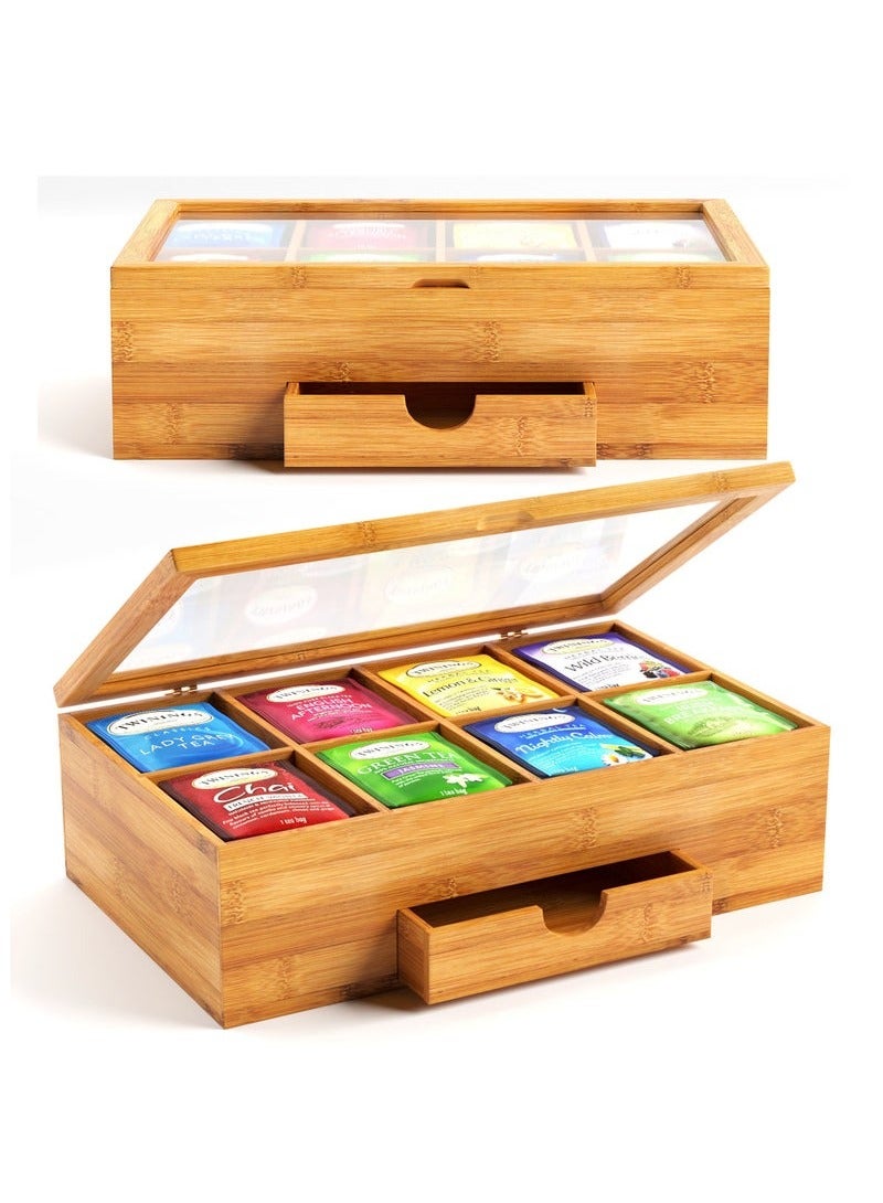 Bamboo Tea Box, 8 Compartments Storage Organizer with Drawer, Tea Organizer Box for Tea Bags and Loose Tea  - Image 1