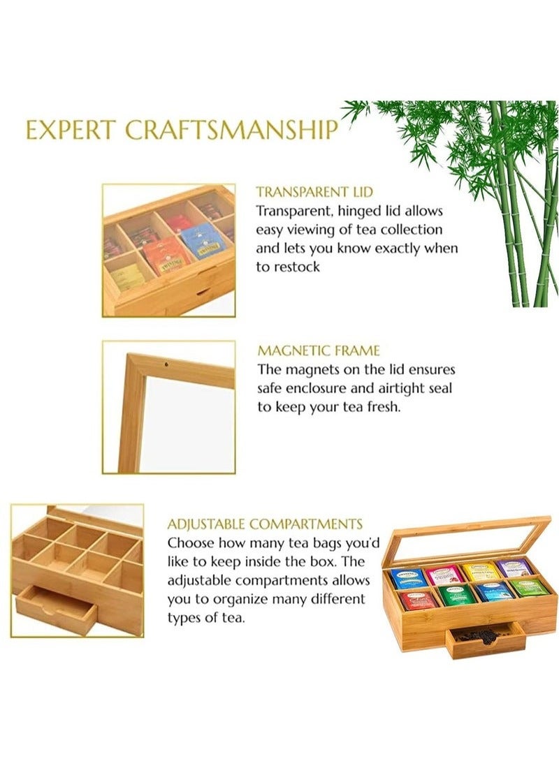 Bamboo Tea Box, 8 Compartments Storage Organizer with Drawer, Tea Organizer Box for Tea Bags and Loose Tea  - Image 3