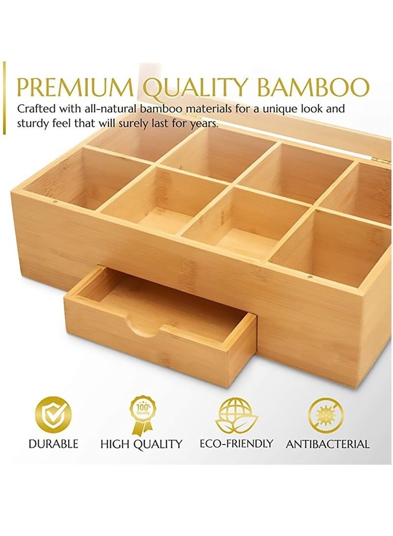 Bamboo Tea Box, 8 Compartments Storage Organizer with Drawer, Tea Organizer Box for Tea Bags and Loose Tea  - Image 4