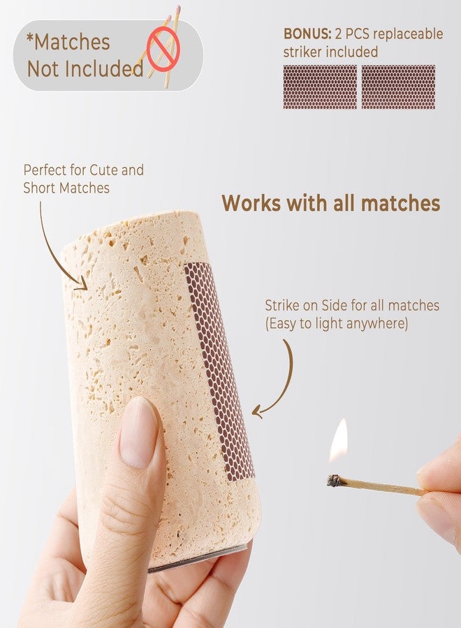 WORHE Travertine Match Holder with Striker & Extra Striker Pad - 2.9" x 3.9" Decorative Matchstick Organizer for Fireplace, Candles, Parlor Large Match Jar for Home Decor Gift, Matches Not Included - Image 4
