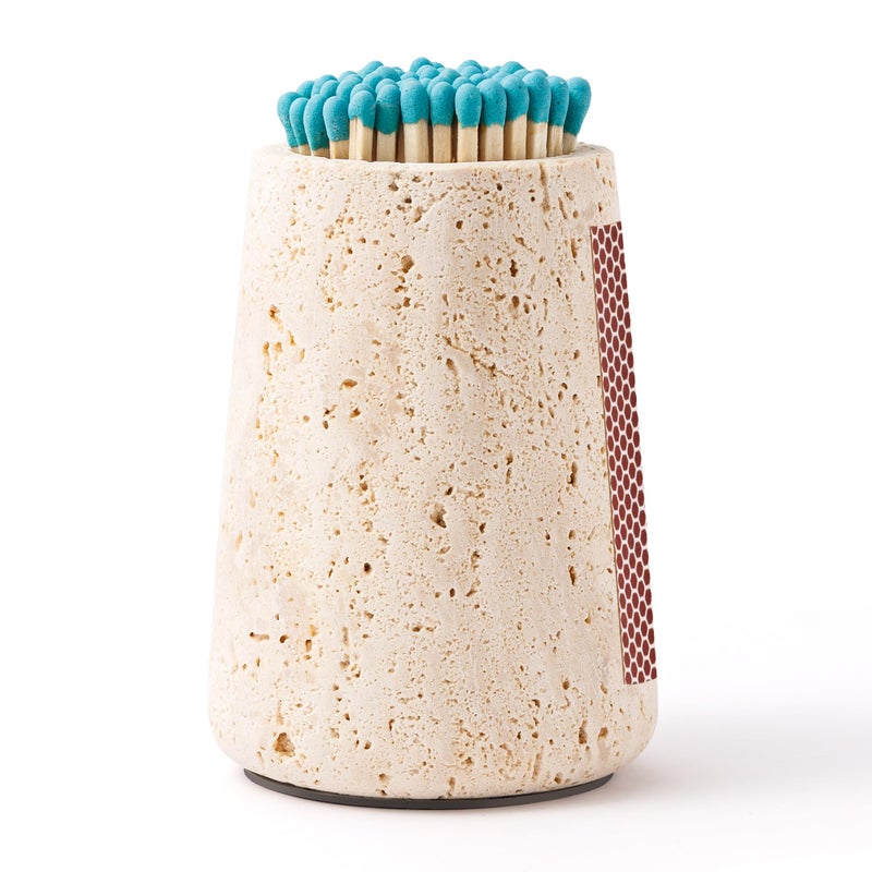 WORHE Travertine Match Holder with Striker & Extra Striker Pad - 2.9" x 3.9" Decorative Matchstick Organizer for Fireplace, Candles, Parlor Large Match Jar for Home Decor Gift, Matches Not Included - Image 1