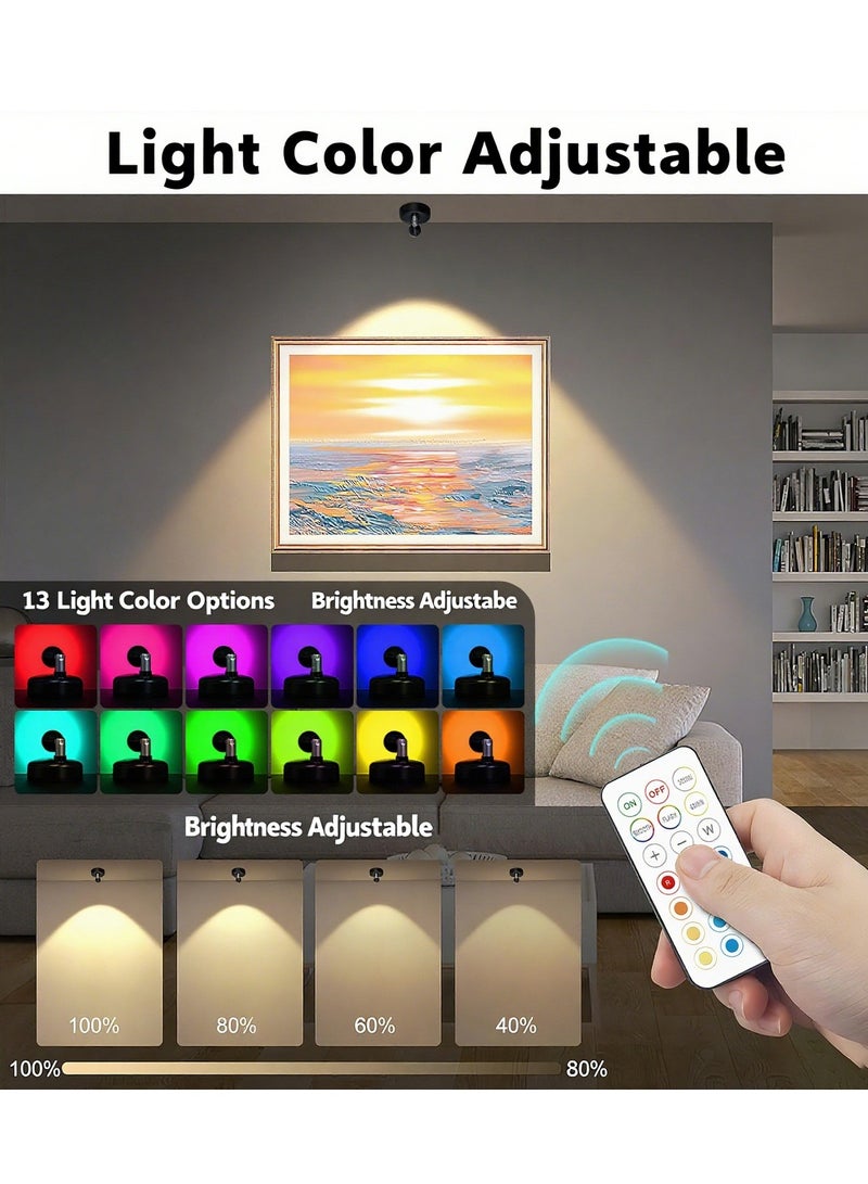مصباح كشاف لاسلكي داخلي مع جهاز تحكم عن بعد، 13 لون إضاءة، مصباح كشاف LED يعمل بالبطارية مع مؤقت قابل للتعديل وقابل للدوران، مصابيح إضاءة صغيرة لإ الجدران والنباتات واللوحات الفنية والخزائن (2 قطعة) - Image 2