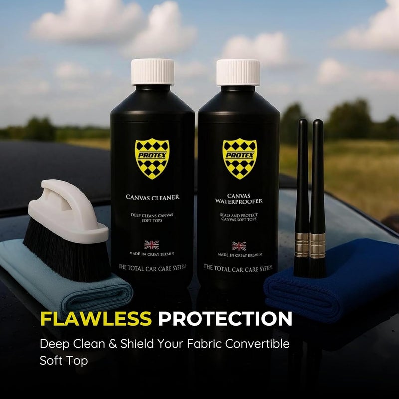 PROTEX Convertible Soft Top Care Kit with Canvas Cleaner & Waterproofer - 500ml, Microfibre Towel, Brushes - Image 4