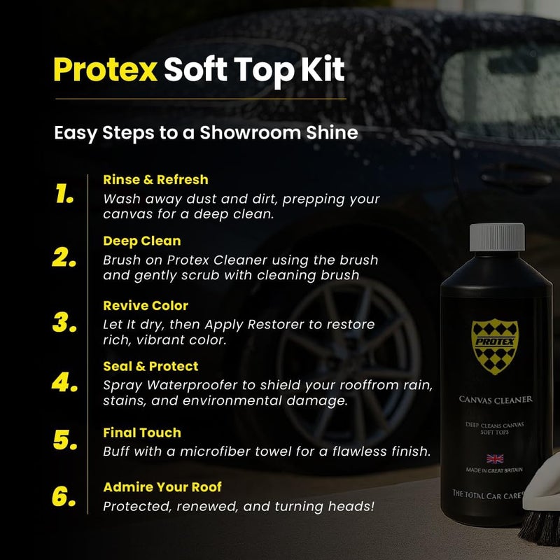 PROTEX Convertible Soft Top Care Kit with Canvas Cleaner & Waterproofer - 500ml, Microfibre Towel, Brushes - Image 3