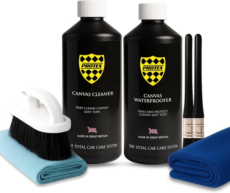 PROTEX Convertible Soft Top Care Kit with Canvas Cleaner & Waterproofer - 500ml, Microfibre Towel, Brushes - Image 1