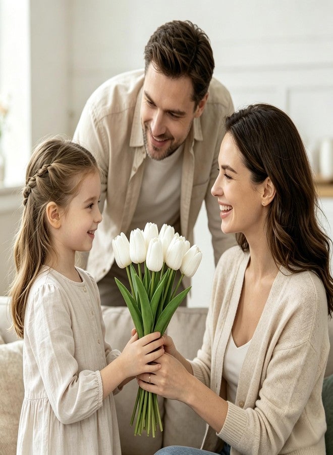 باقة زهور التوليب الاصطناعية من تي دي إس يو سي أو، 25 قطعة، زهور توليب اصطناعية، زهور توليب اصطناعية بملمس حقيقي، باقات زهور توليب مزيفة لحفلات الزفاف الربيعية، ديكور المنزل والمطبخ والمكتب والحفلات (أبيض) - Image 4