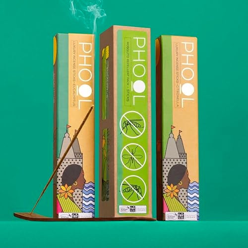 PHOOL LUXURY INCENSE Phool Pack of 2 Mosquito Repellent agarbatti, Citronella and Eucalyptus Natural Incense Sticks, Pack(80 Organic Agarbatti Sticks),Free Wooden Stand |Handrolled |Sulphur & Charcoal Free |100% Organic. - Image 1