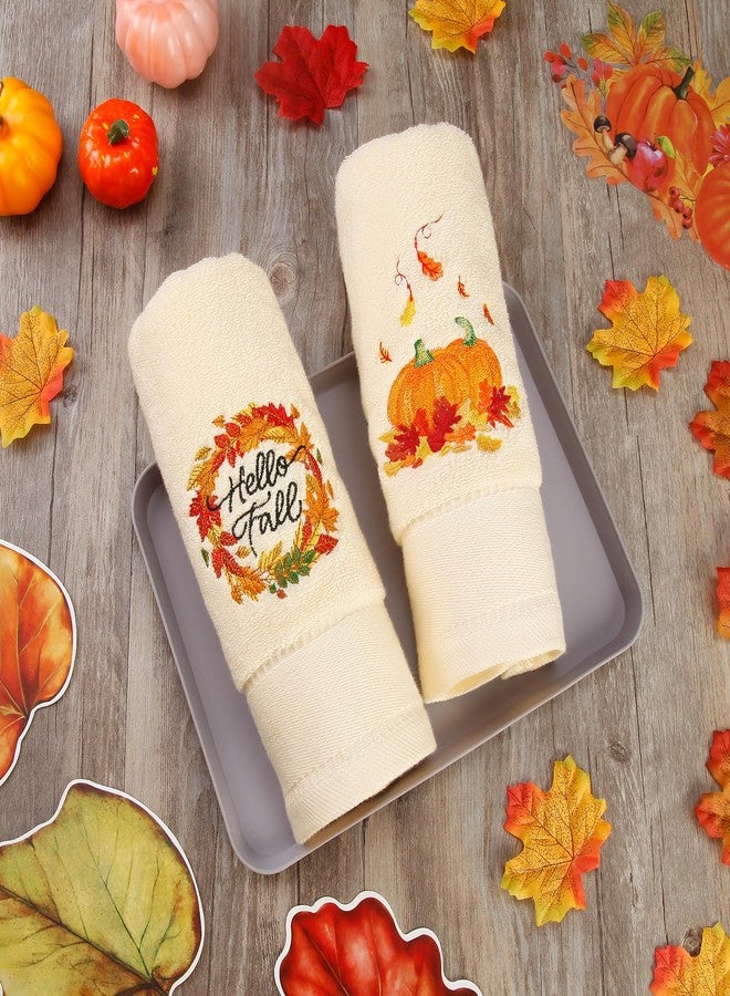 Quera 2 Pack Fall Hand Towels Autumn Pumpkin Thanksgiving Embroidered Premium Luxury Decor Hello Fall Bathroom Decorative Dish Set for Drying Cleaning, Cooking 13.7 "x 29.5" - Image 3