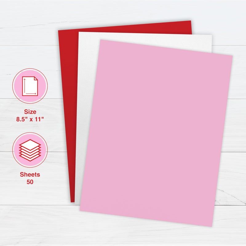 PrintWorks Valentine Cardstock 8.5" x 11" - 50 Sheets - 3 Assorted Colors (Red, Pink, & White) - Ideal for School & Craft Projects - 67 lb/147 gsm & 65 lb/176 gsm - Made in the USA (00652) - Image 2