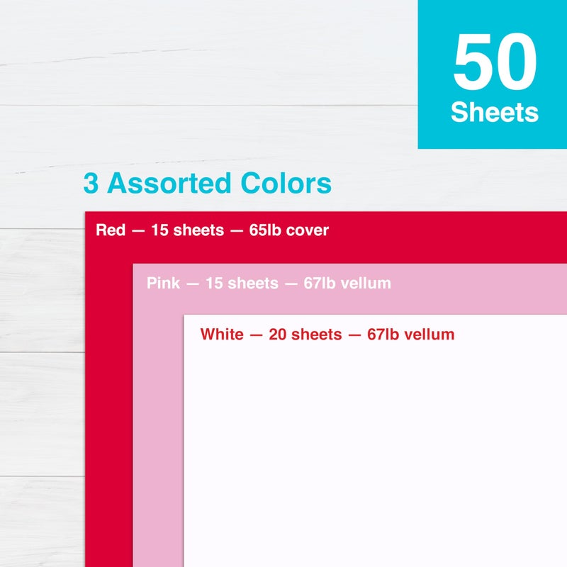 PrintWorks Valentine Cardstock 8.5" x 11" - 50 Sheets - 3 Assorted Colors (Red, Pink, & White) - Ideal for School & Craft Projects - 67 lb/147 gsm & 65 lb/176 gsm - Made in the USA (00652) - Image 4