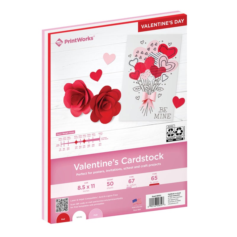 PrintWorks Valentine Cardstock 8.5" x 11" - 50 Sheets - 3 Assorted Colors (Red, Pink, & White) - Ideal for School & Craft Projects - 67 lb/147 gsm & 65 lb/176 gsm - Made in the USA (00652) - Image 1