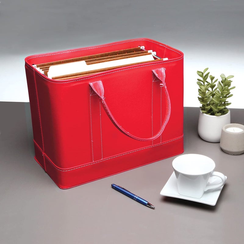 HOME DISTRICT Chic File Organizer Tote - Important Document Organizer Bag, Portable File Box with Handle, Red - Image 2