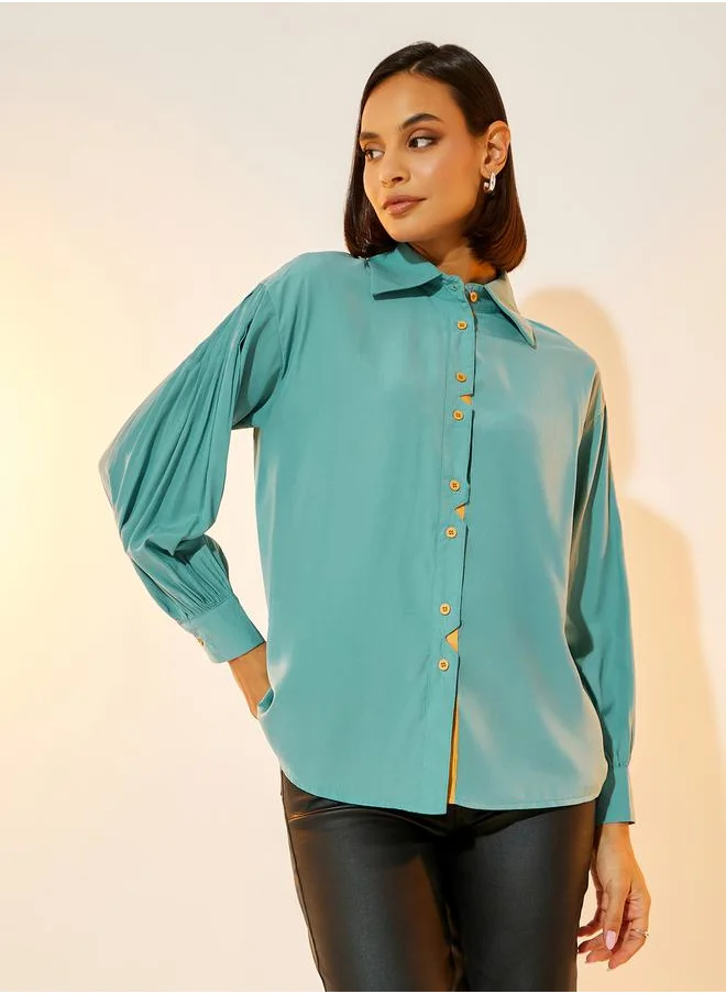 Styli Solid Front Button Detail Long Sleeve Shirt