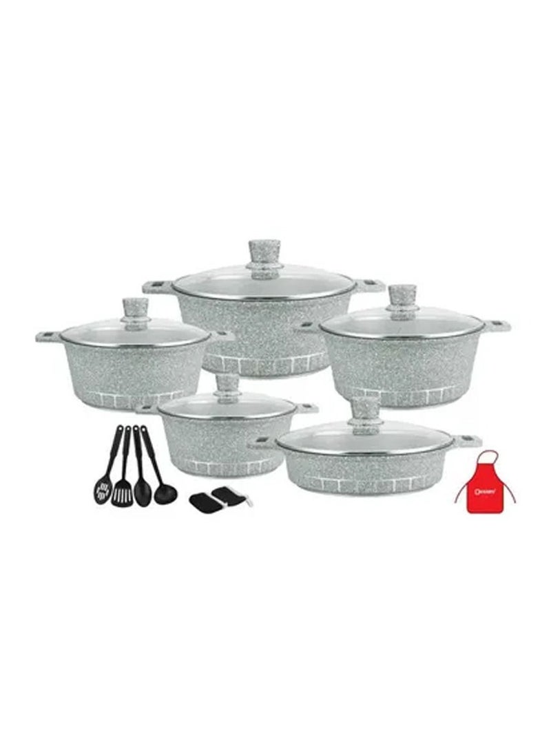 DubaiGallery - 17-Piece Granite Cookware Set Includes 1xCasserole With Lid 20cm, 1xCsserole With Lid 24cm, 1xCasserole With Lid 28cm, 1xCasserole With Lid 32cm, 1xShallow Casserole With Lid 28cm, 7xCooking Tools Grey - Image 1