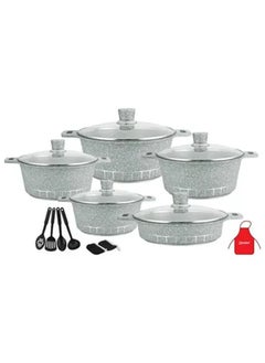 17-Piece Granite Cookware Set Includes 1xCasserole With Lid 20cm, 1xCsserole With Lid 24cm, 1xCasserole With Lid 28cm, 1xCasserole With Lid 32cm, 1xShallow Casserole With Lid 28cm, 7xCooking Tools Grey
