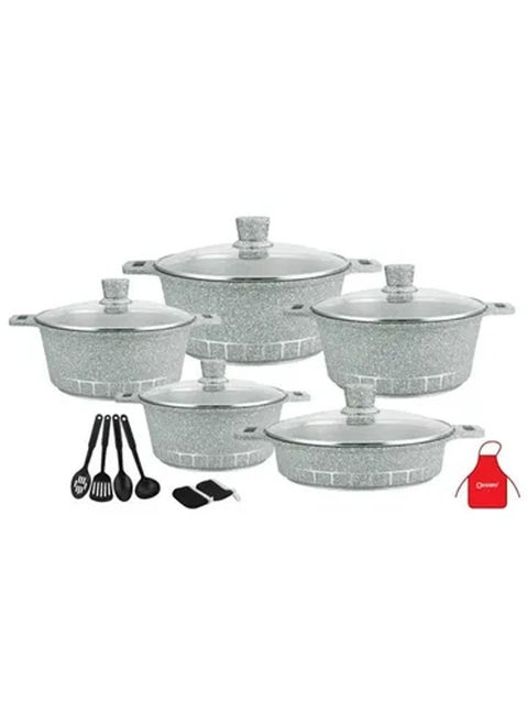 17-Piece Granite Cookware Set Includes 1xCasserole With Lid 20cm, 1xCsserole With Lid 24cm, 1xCasserole With Lid 28cm, 1xCasserole With Lid 32cm, 1xShallow Casserole With Lid 28cm, 7xCooking Tools Grey