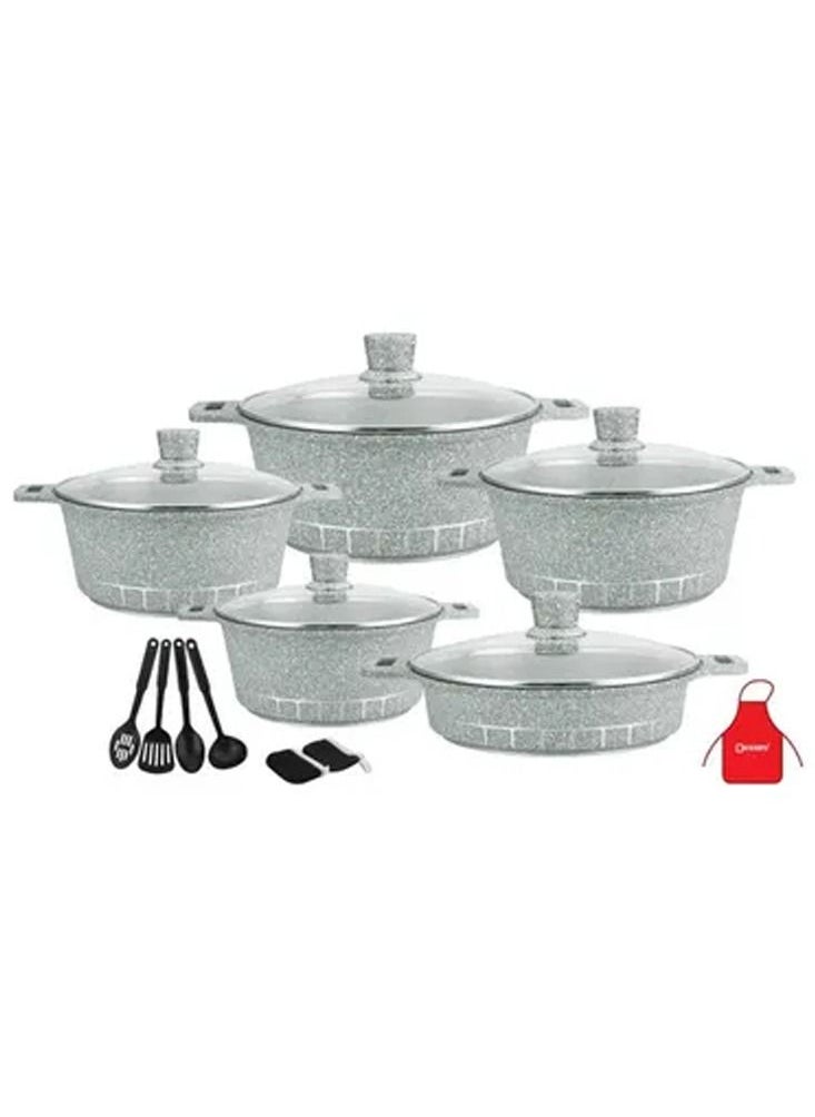 DubaiGallery - 17-Piece Granite Cookware Set Includes 1xCasserole With Lid 20cm, 1xCsserole With Lid 24cm, 1xCasserole With Lid 28cm, 1xCasserole With Lid 32cm, 1xShallow Casserole With Lid 28cm, 7xCooking Tools Grey - Image 1