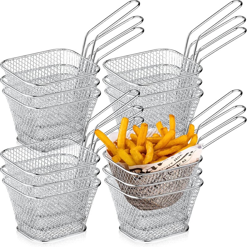 Sieral 12 Pcs Mini Square Fry Basket Bulk Stainless Steel French Fry Holder Food Baskets for Serving Fryer Container with Handle Reusable Small Deep Fryer Holder for Home Kitchen Decor(Silver) - Image 1