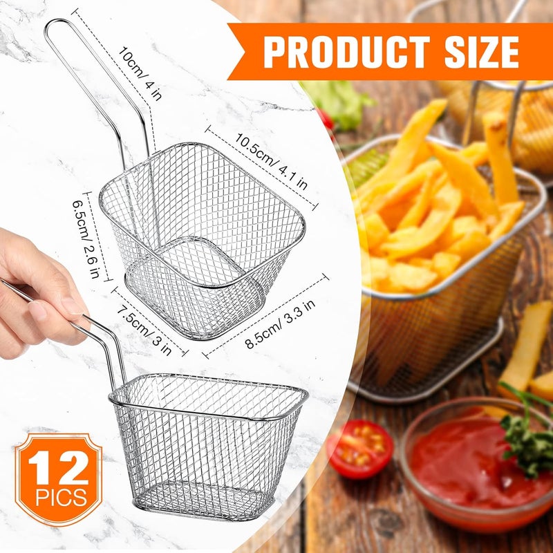 Sieral 12 Pcs Mini Square Fry Basket Bulk Stainless Steel French Fry Holder Food Baskets for Serving Fryer Container with Handle Reusable Small Deep Fryer Holder for Home Kitchen Decor(Silver) - Image 2