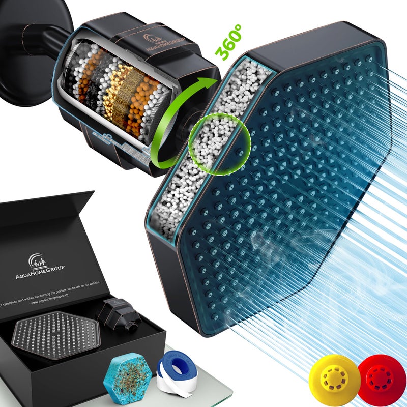 مجموعة أكوا هوم غروب لرأس الدش الفاخر مع فلتر دش 20 مرحلة للمياه العسرة والكلور والفلورايد والمعادن الثقيلة مع فيتامين C وE وA براءة اختراع قيد الانتظار باللون البرونزي والأسود