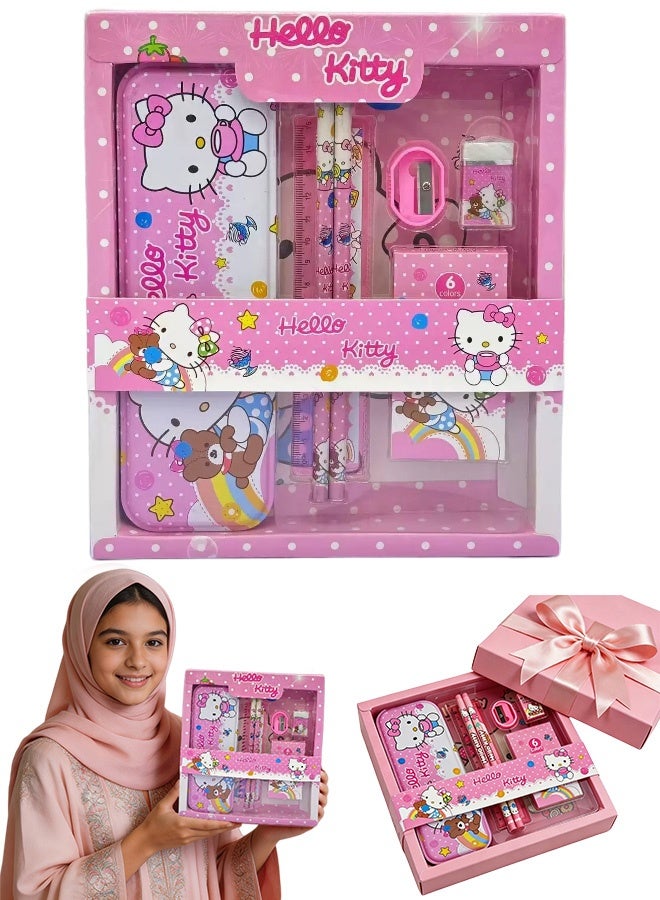 Hello Kitty Themed 12 Pieces Stationery Gift Set Complete School Supplies with Pencil Case Pencils Ruler Eraser Sharpener Crayons for Girls Kids Back to School Birthday Gift,Party Favor - Image 1