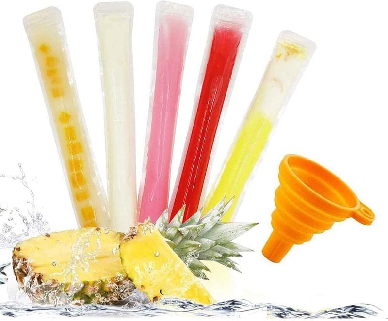 FUNI 100 Disposable Ice Popsicle Mold Bags| BPA Free Freezer Tubes With Zip Seals | For Healthy Snacks, Yogurt Sticks, Juice & Fruit Smoothies, Ice Candy Pops| Comes With A Funnel (8x2") - Image 1