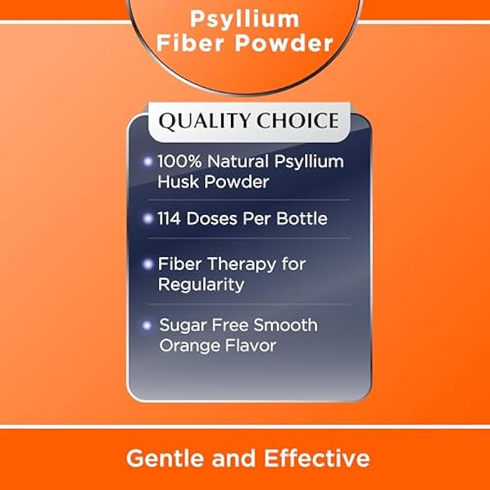 Quality Choice Psyllium Fiber Powder, Sugar Free Orange Flavor Formula, 114 Doses for Daily Digestive System Support. Promotes Regularity with Gentle Soluble Fiber in Convenient Powder Formula - Image 3
