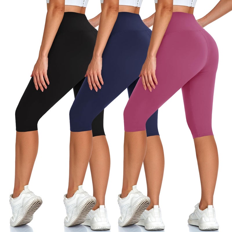 Hi Clasmix High Waisted 3 Pack Women's Capri Pants - Knee Length Yoga Shorts, Biker Workout Leggings for Women,Summer Activewear - Image 1