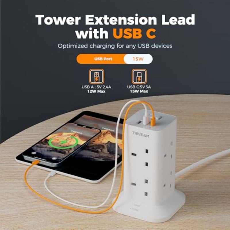 سلك تمديد برجي مع فتحات USB C، مقبس تمديد TESSAN 8 اتجاهات مع مفتاح، شريط طاقة محمي من زيادة التيار مع كابل 2 متر للمنزل واللوازم المدرسية - Image 3