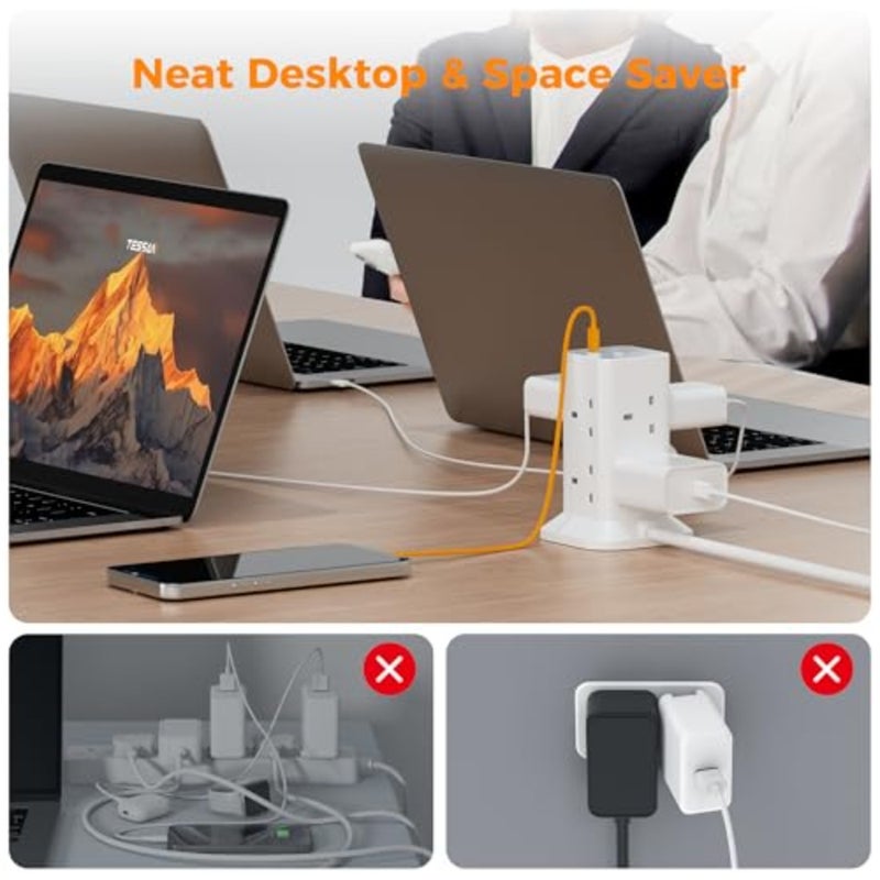 سلك تمديد برجي مع فتحات USB C، مقبس تمديد TESSAN 8 اتجاهات مع مفتاح، شريط طاقة محمي من زيادة التيار مع كابل 2 متر للمنزل واللوازم المدرسية - Image 4