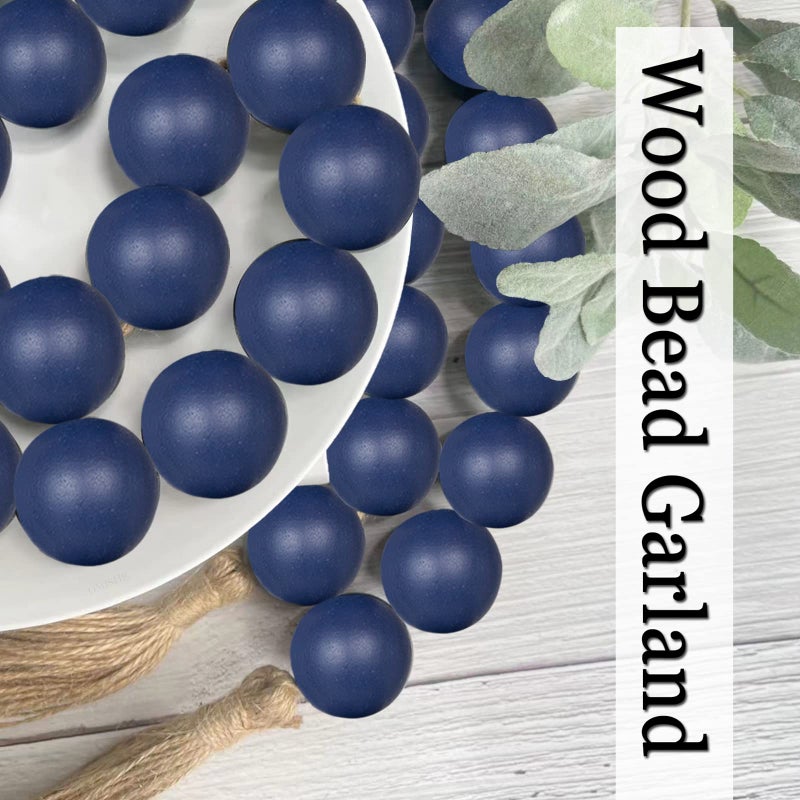 Omishe 76"" Long Large Wood Bead Garland Navy Blue With 1.6"" Diameter Wooden Beads And Tassels Rustic Farmhouse Country Wood Beads Garland For Home Decor Decorative Beads With Tassels Navy Blue - Image 3