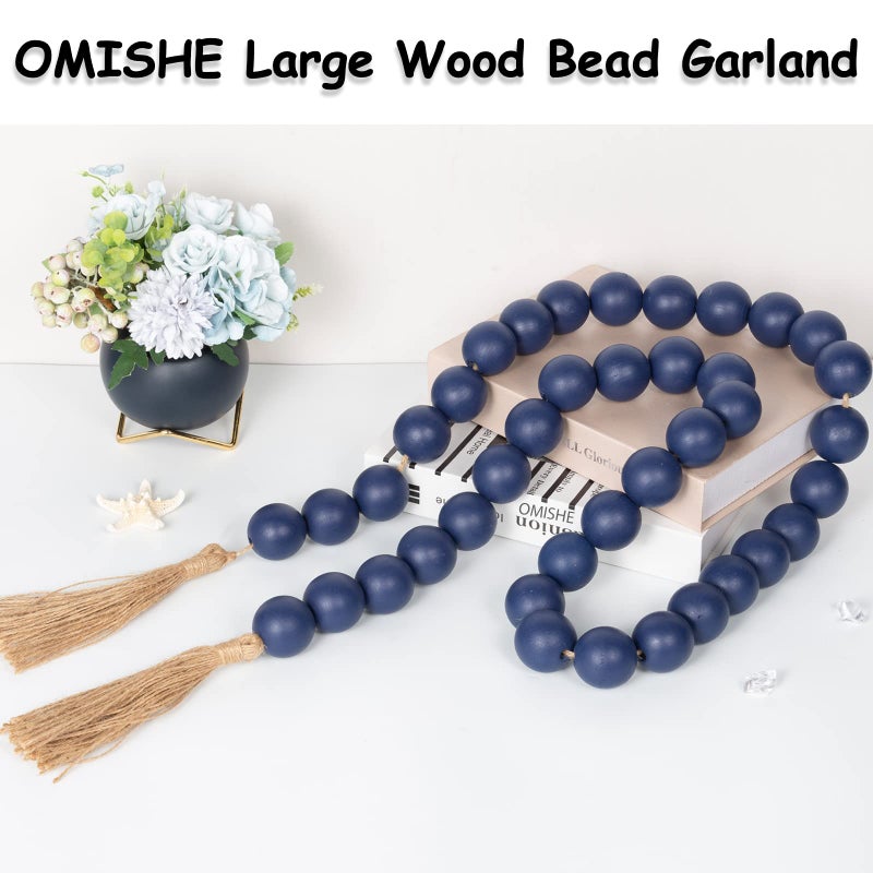 Omishe 76"" Long Large Wood Bead Garland Navy Blue With 1.6"" Diameter Wooden Beads And Tassels Rustic Farmhouse Country Wood Beads Garland For Home Decor Decorative Beads With Tassels Navy Blue - Image 5